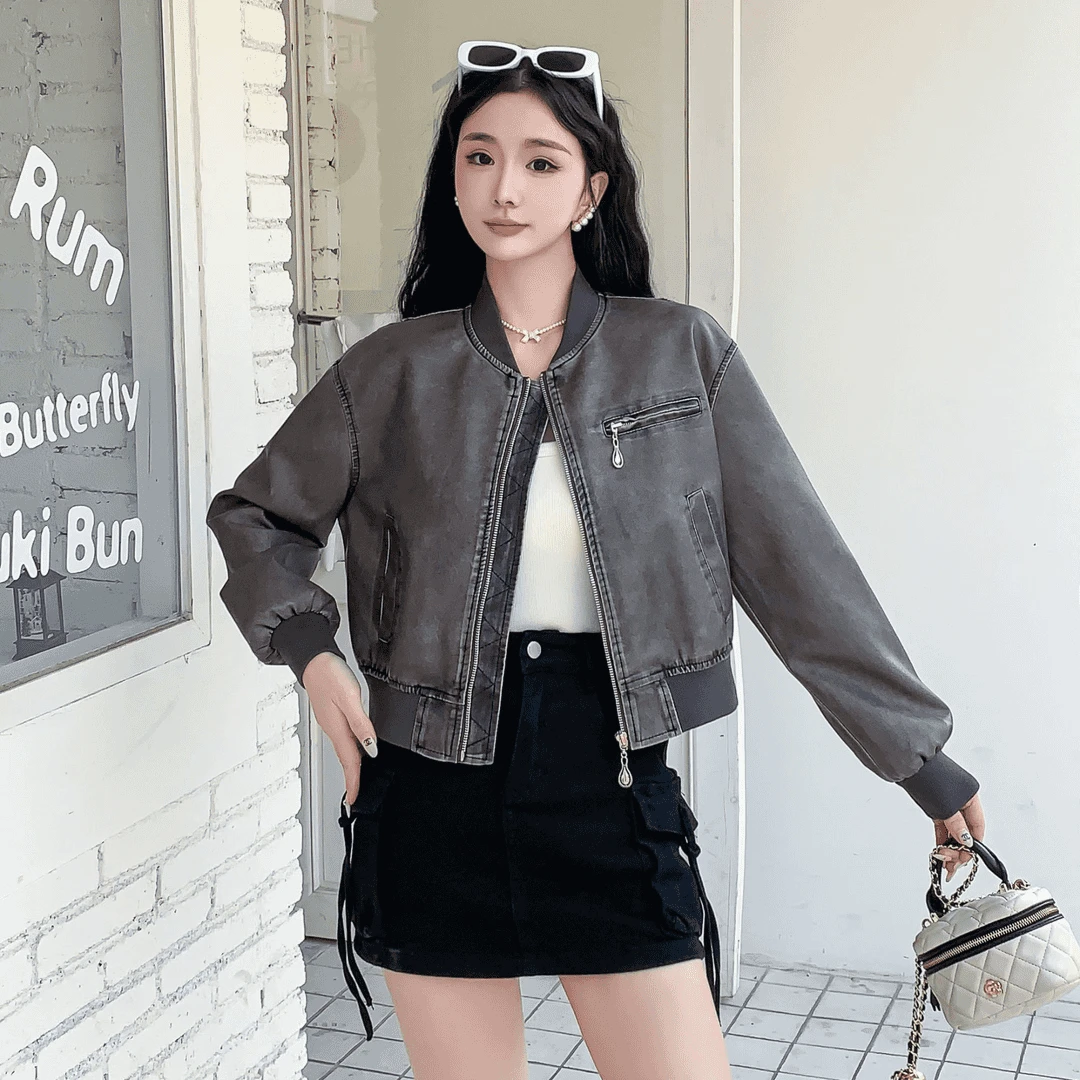 【聪尔专属】短款休闲时尚百搭简约春季立领女皮夹克外套2402