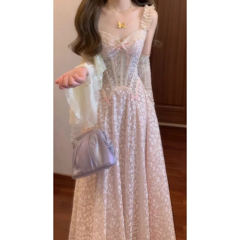 【玻璃糖纸】法式千金风重工蕾丝吊带连衣裙轻礼服优雅长裙9592