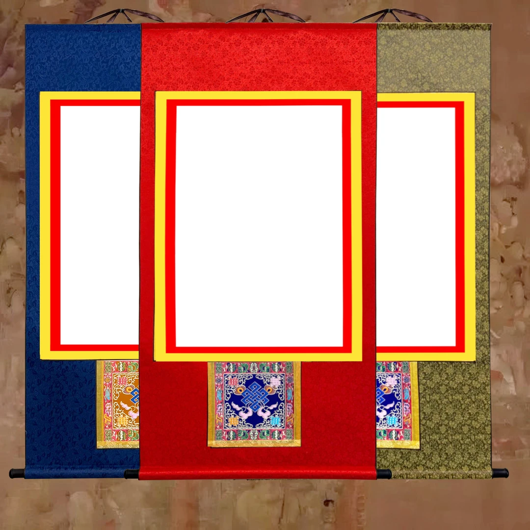 （拍一发三）藏式吉祥结图竖幅空白卷轴唐卡云母熟宣高温锦绫装裱