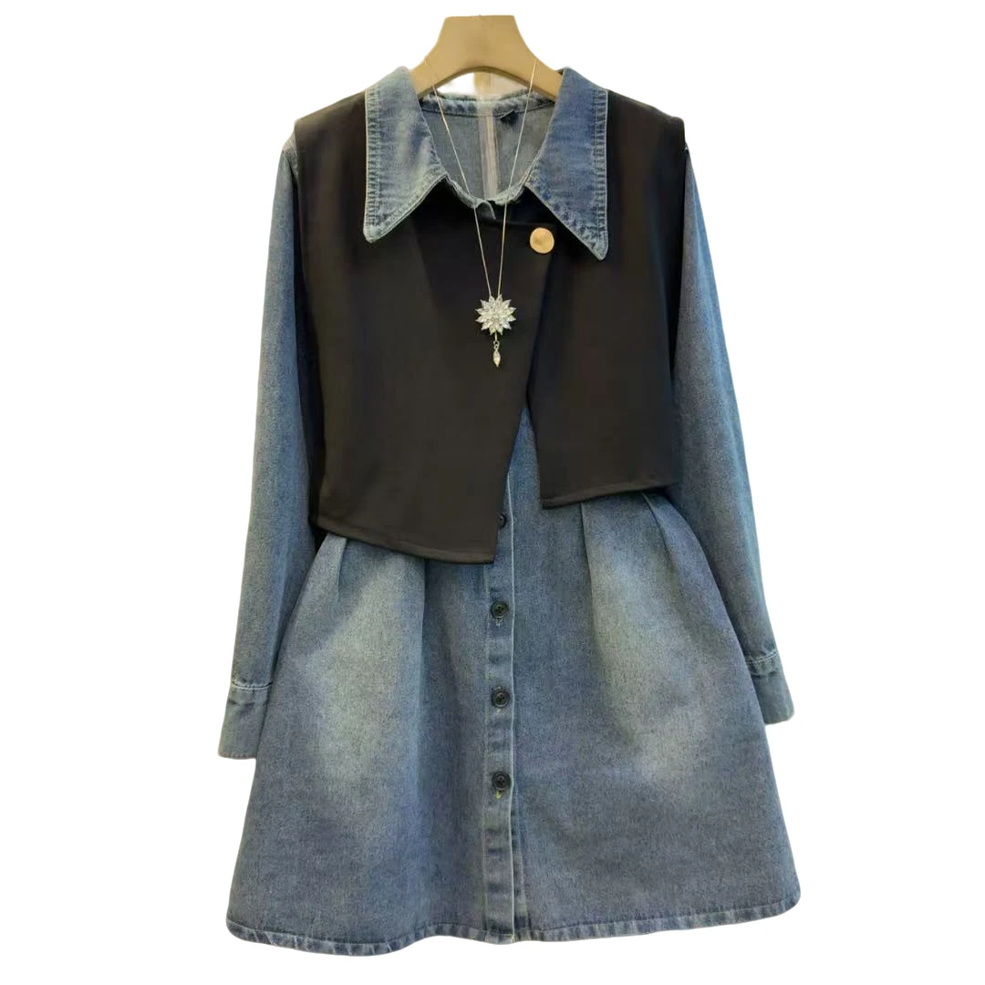 时尚新款高级感翻领收腰气质牛仔百搭两件套连衣裙（长83左右）