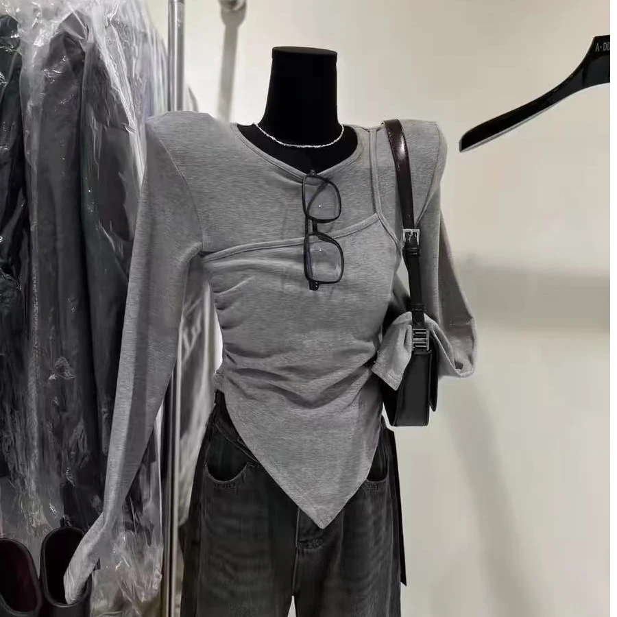 悠悠 冬款设计感不规则修身百搭显瘦假两件短款打底衫上衣