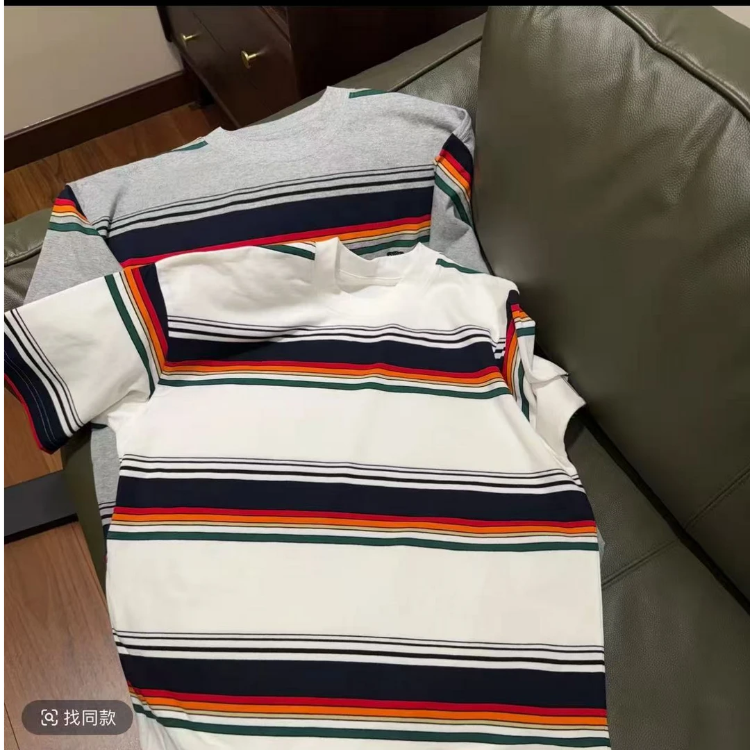 S25【凯旋门条纹短袖】高克情侣款时尚宽松潮流圆领纯棉短袖