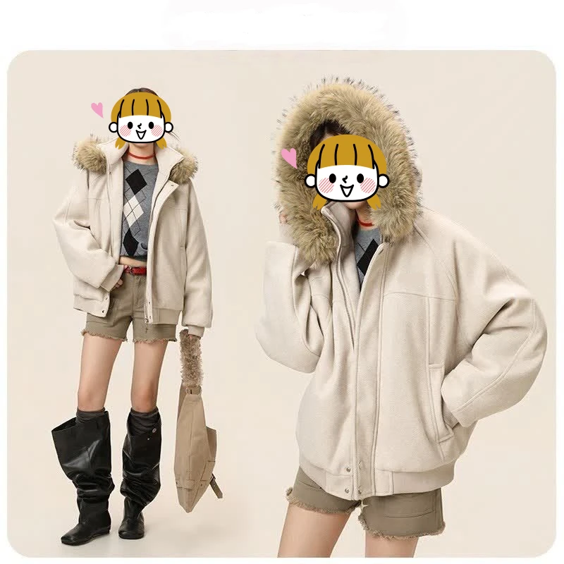 美式座山雕连帽毛呢棉服男夹克2025秋冬新款加厚保暖可拆卸毛领