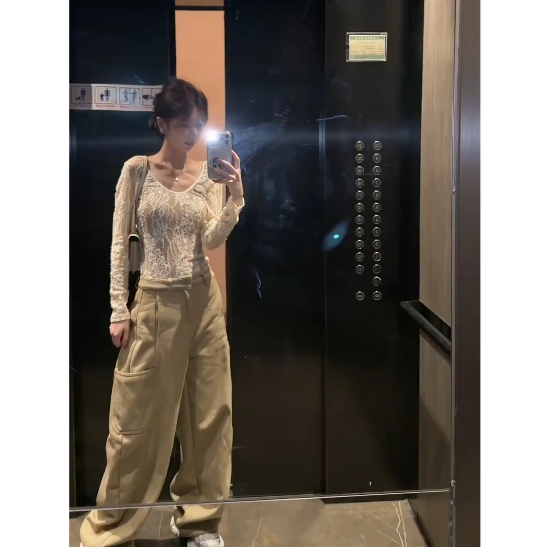 长袖T恤女冬修身显瘦蕾丝内搭打底衫性感连体衣百搭阔腿裤两件套