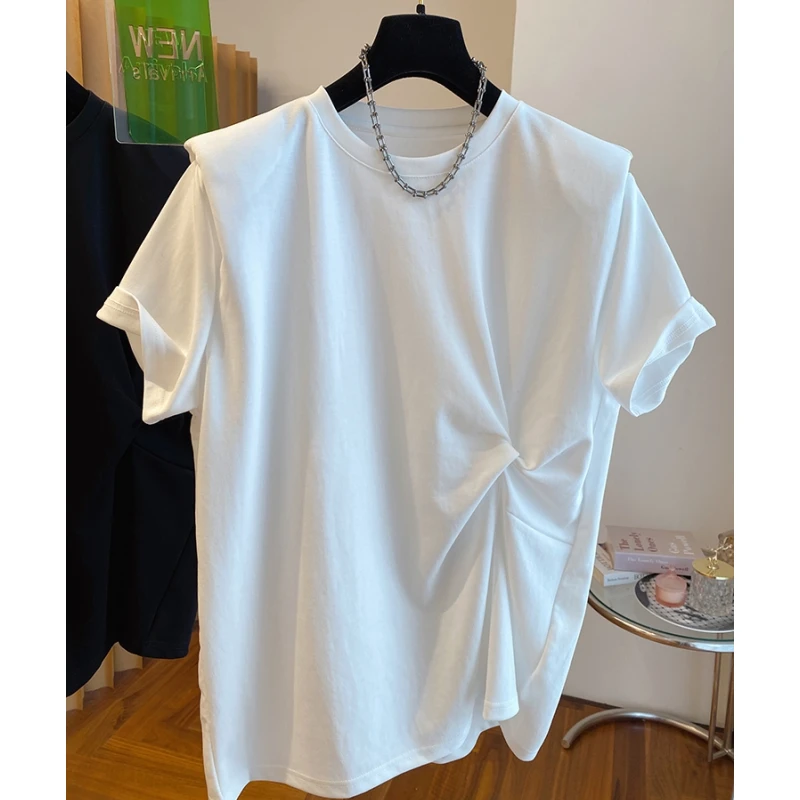 K0310新款宽松扭结设计感t恤女短袖欧货大版棉布垫肩打底衫上衣夏