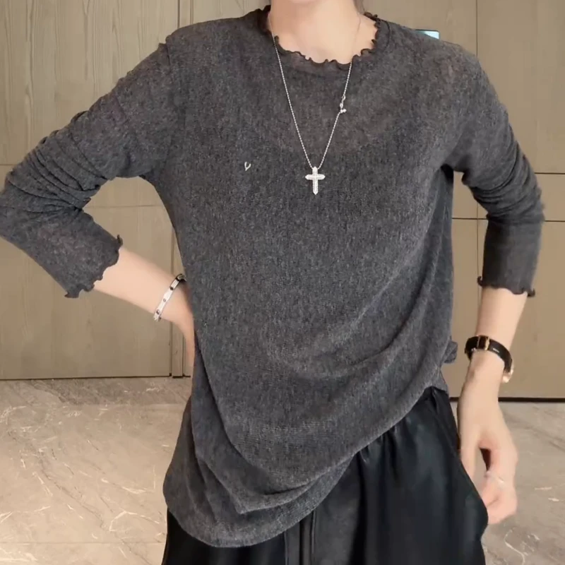 秋季新款木耳边上衣金属小标纯色套头长袖T恤LK2506099