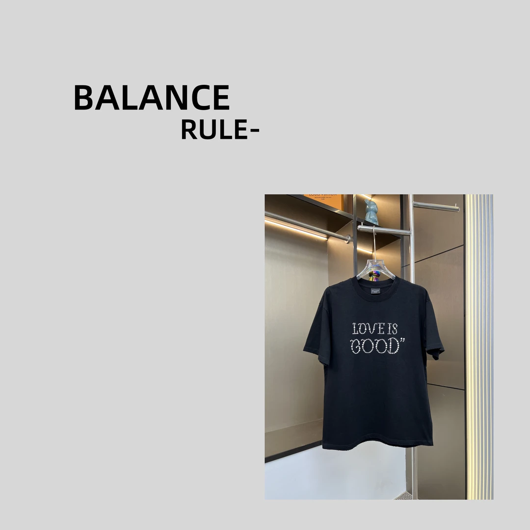 BALANCE RULEGOD珍珠字母烫钻短袖洗水磨破做旧工艺宽松百搭T恤男