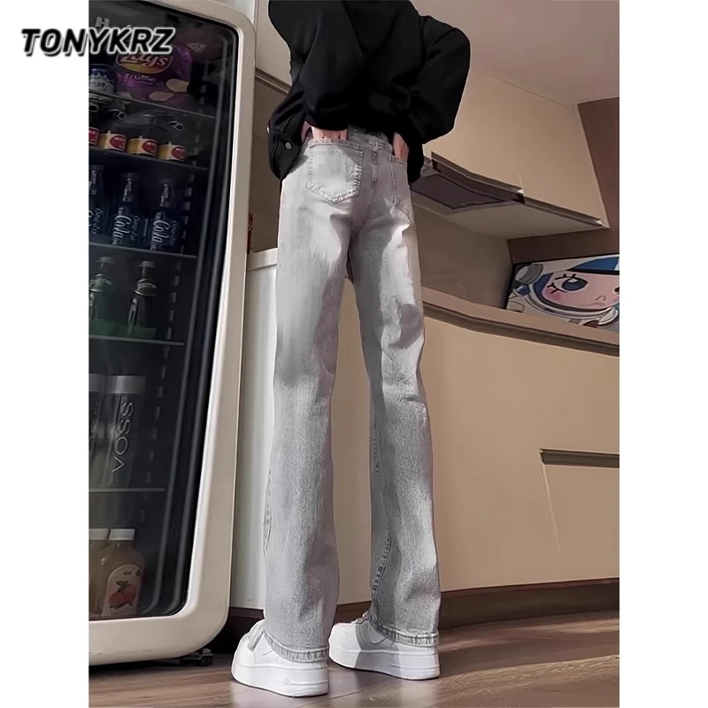 TONYKRZ烟灰色微喇弯刀牛仔裤男款裤子美式高街修身潮牌直筒长裤