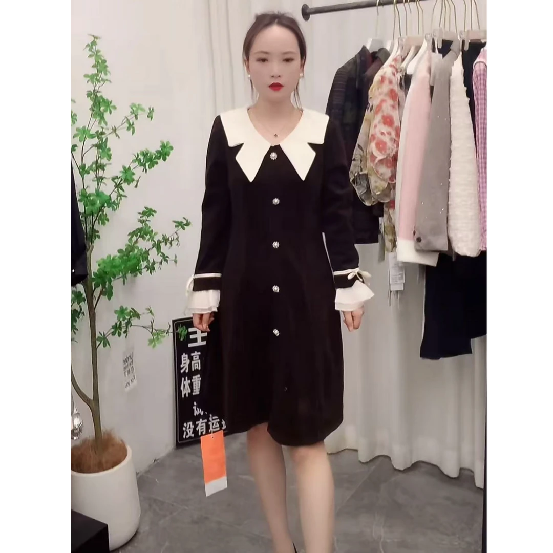 春秋新款娃娃领小香风时尚减龄气质显瘦长袖连衣裙16#