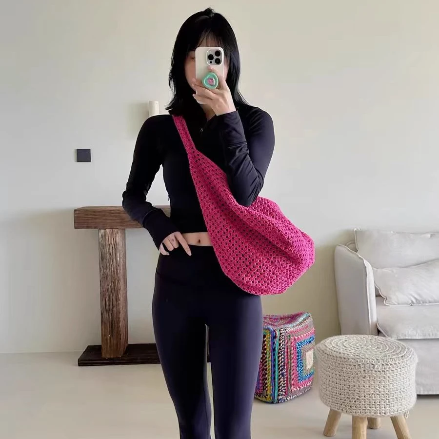 新款玫红色棉线包秋冬春夏网红针织百搭纯色编织镂空洋气韩版女包