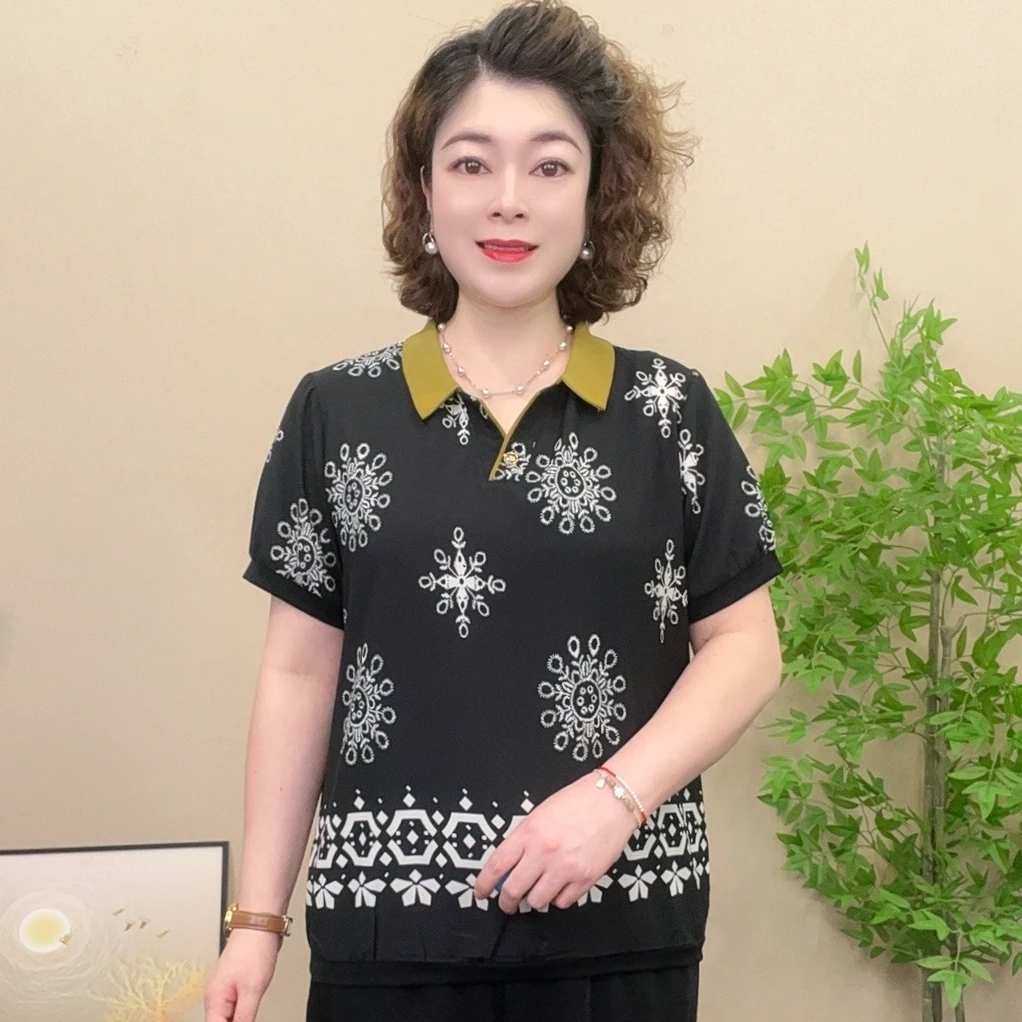 短袖夏季薄款妈妈装流行时尚潮牌雪纺女装宽松女独特漂亮小衫显瘦