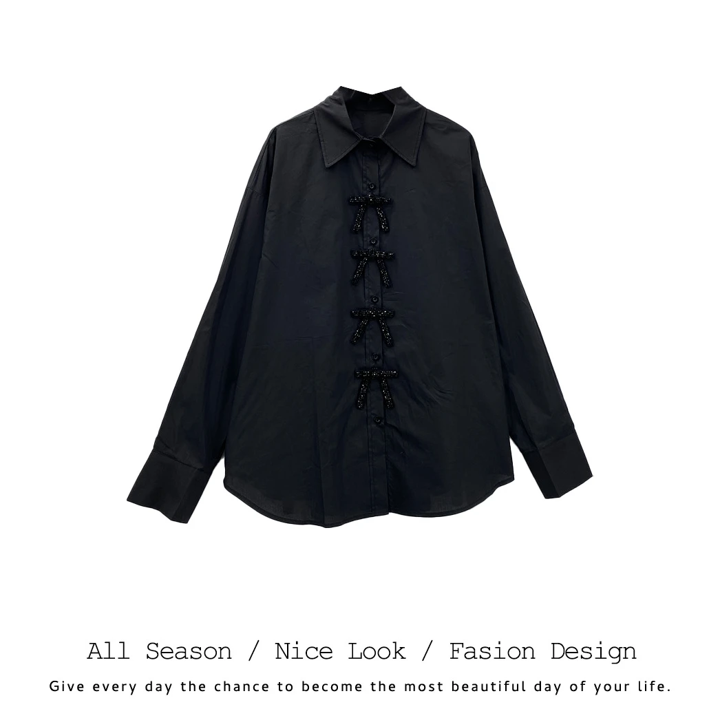 091   黑色时尚复古风烫钻盘扣设计感宽松衬衣    款号#975