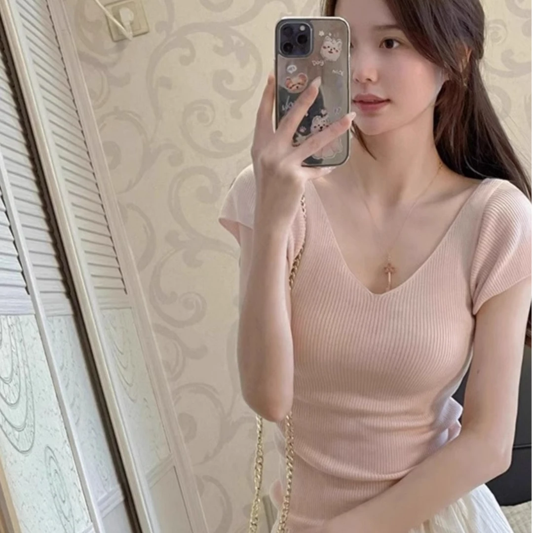 藕粉色正肩冰丝针织短袖T恤夏季修身显瘦小个子辣妹上衣体恤薄款