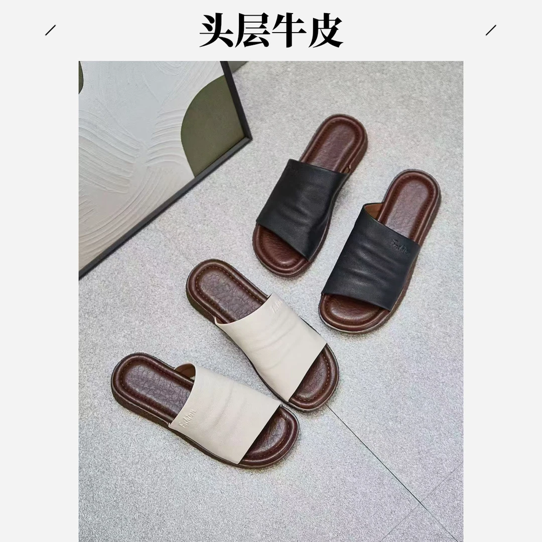 平底露趾头层牛皮日常时尚休闲沙滩鞋休闲软底凉拖鞋凉鞋复古百搭