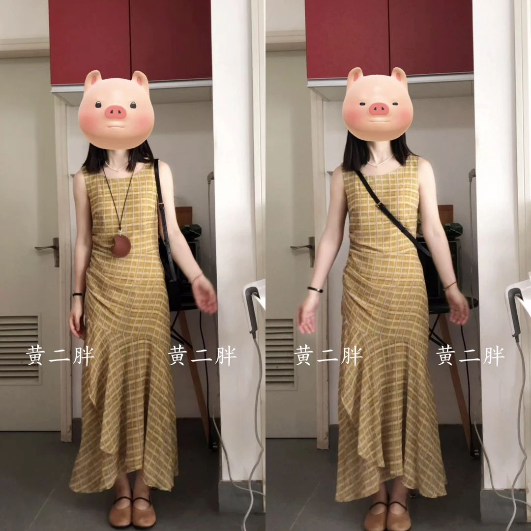法式复古格纹无袖连衣裙女侧边褶皱收腰显瘦背心长裙2025夏季新款