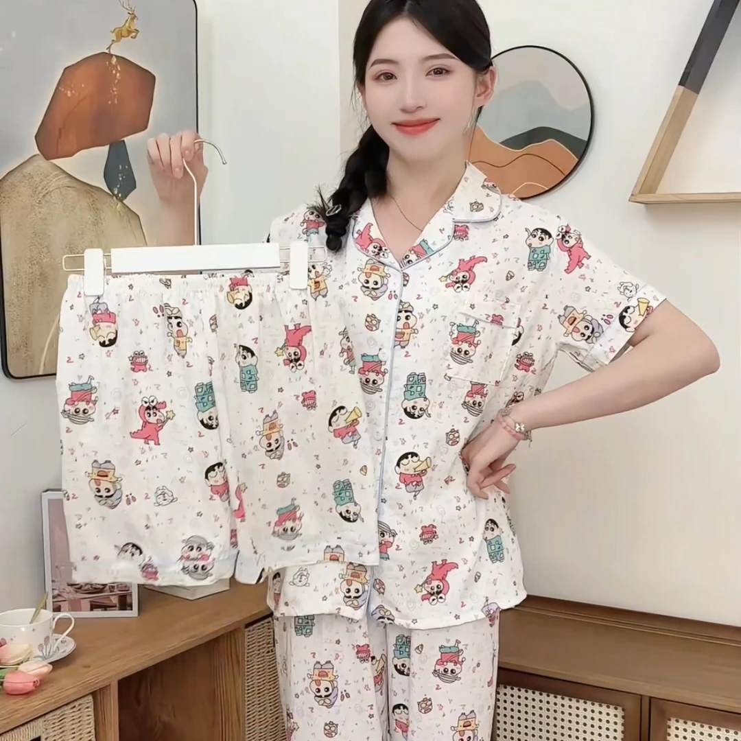 【蜡笔小新三件套】网红春秋新款休闲薄款短袖短裤长裤女睡衣家居服