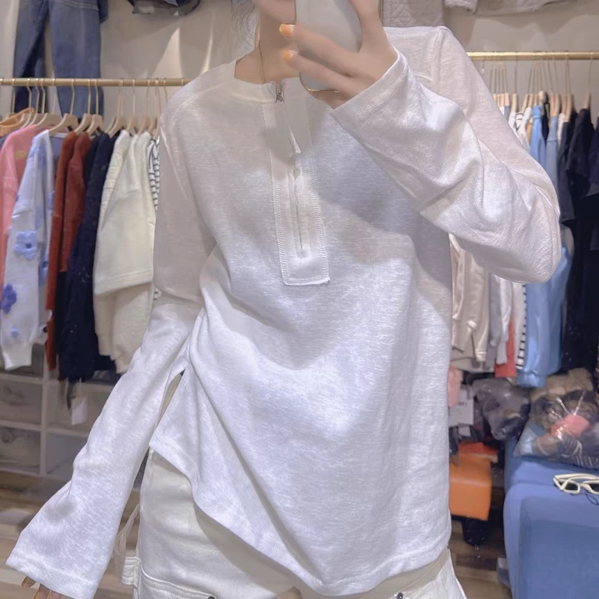 2025年新款雪花棉T恤新款拼接半拉链t恤女时尚百搭圆领套头上衣潮