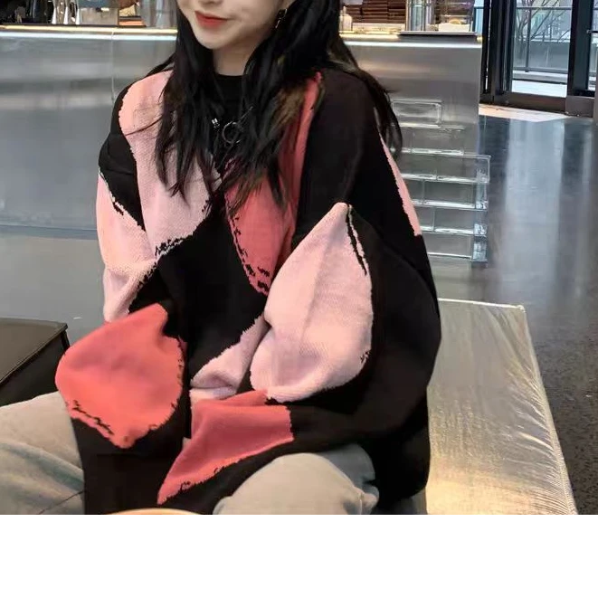 菱格拼色毛衣针织上衣