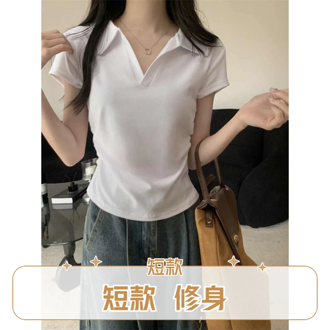 韩系polo领收腰设计感别致小衫女夏季短款显瘦修身短袖T恤上衣ins
