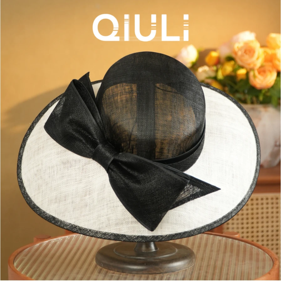 QIU LI ·夏日法式双色拼接麻纱大檐头饰礼帽1c904