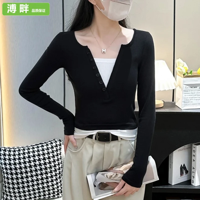 溥畔韩系黑色假两件可外穿T恤女春秋季2025新款撞色修身内搭上衣