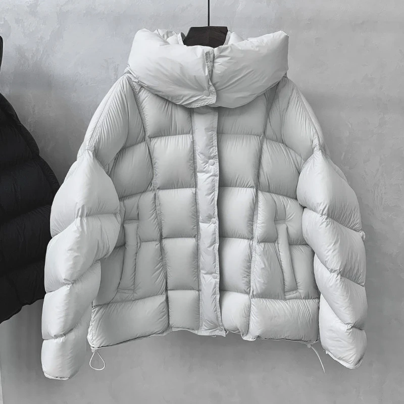 正品大朵白鸭绒云朵泡芙龟背高端菱形格短款连帽可拆卸羽绒服
