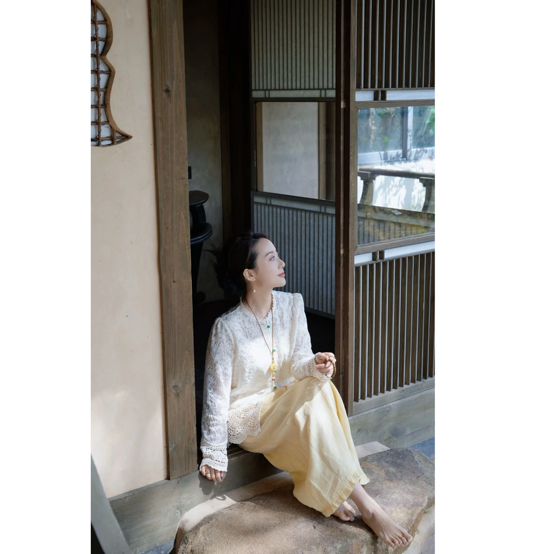 MEIYINA定制 水洗全亚麻花边清新黄半裙