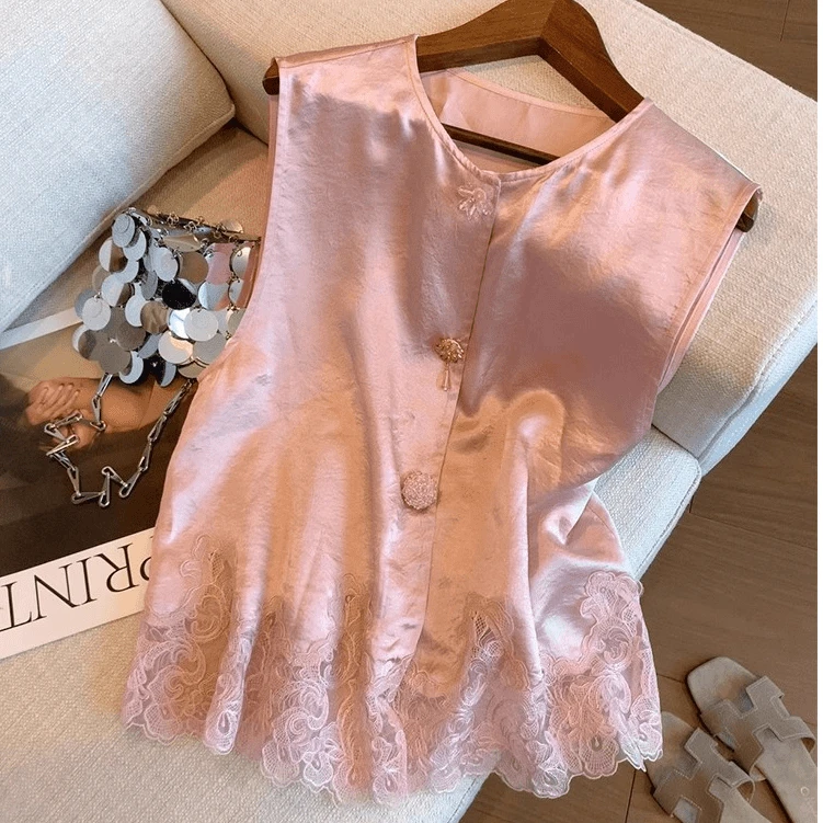 新中式蕾丝边醋酸缎面背心女夏季2025新款高级感气质国风无袖马甲