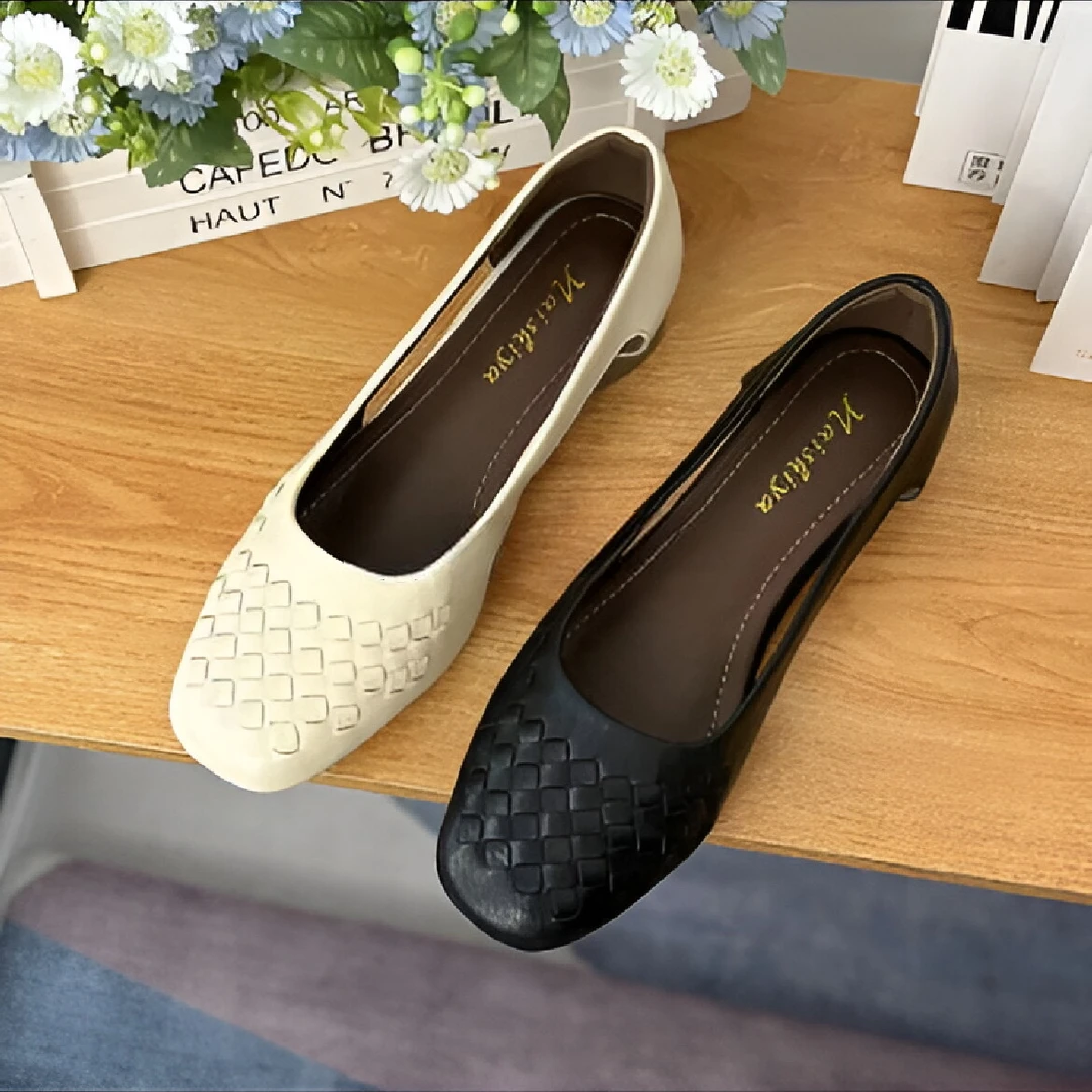 法式粗跟一脚蹬单鞋方头时尚气质镂空女鞋编织平底