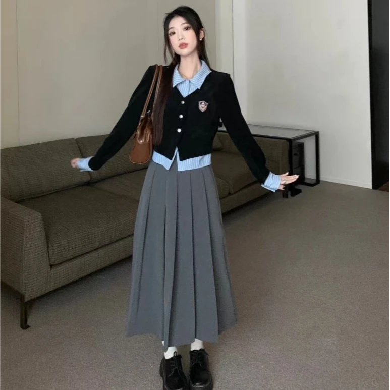 （80-200斤）学院风假两件长袖外套半身裙女2025新款时尚两件套1636
