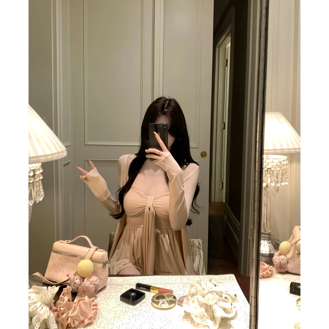 大码女装慵懒粉色开衫女夏抹胸韩系千金感温柔纯欲套装12484