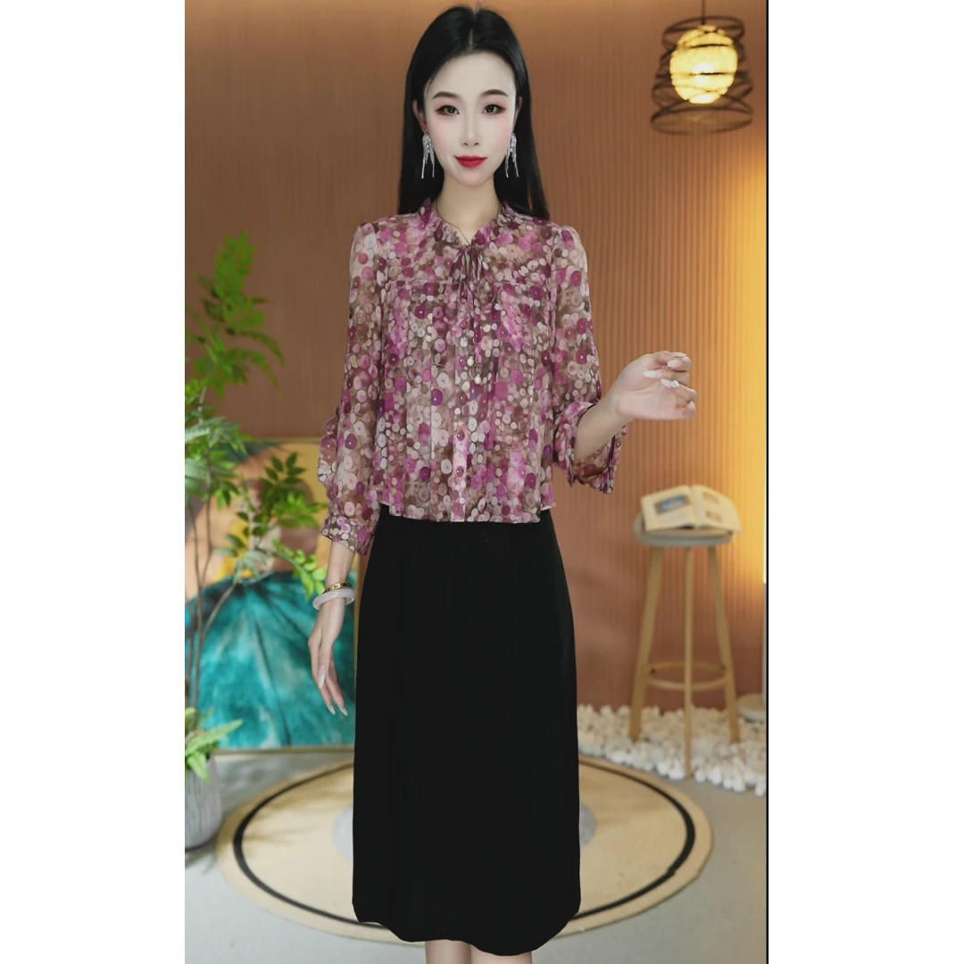 新款春夏时尚气质收腰显瘦裙子洋气减龄气质假两件套长袖连衣裙