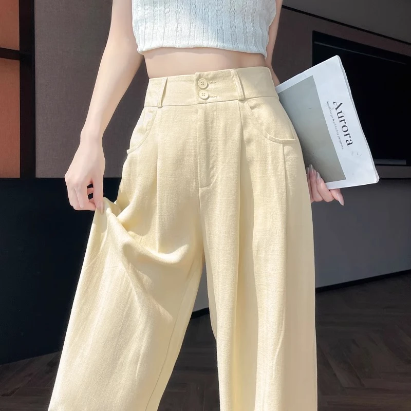 黄色莱赛尔亚麻阔腿裤女夏季薄款高腰小个子人字纹垂感直筒冰丝裤