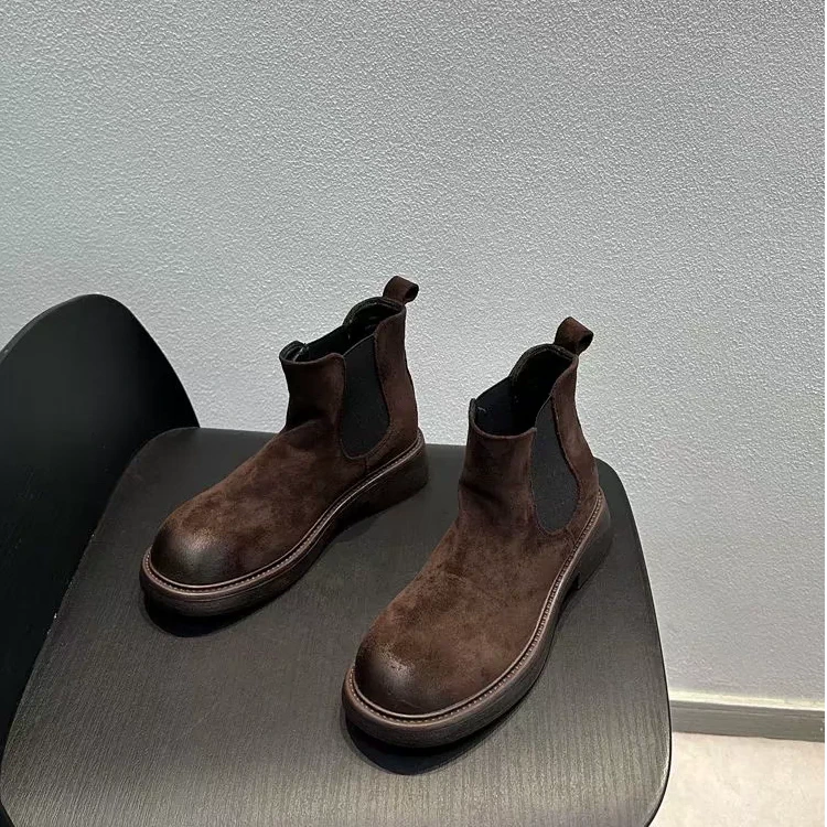 33-28（单里）切尔西靴欧美复古时尚做旧擦色圆头中跟短靴单靴百搭