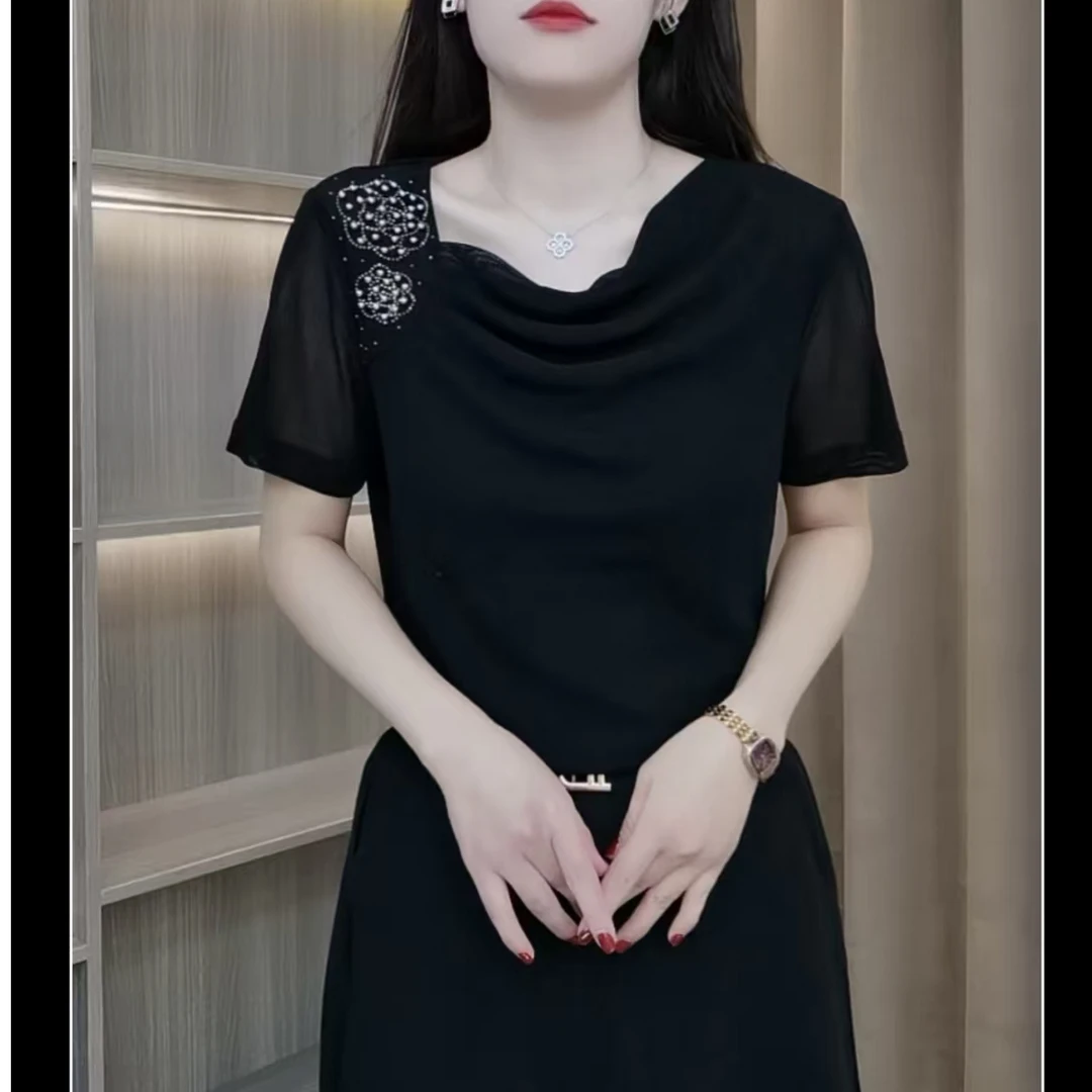 夏季堆堆领时尚重工百搭显瘦宽松型T恤宽松洋气气质设计感U