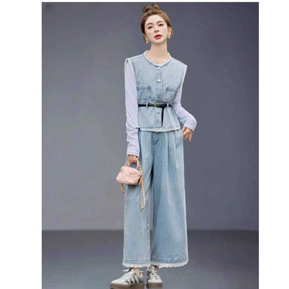 2025韩版宽松显瘦百搭收腰蕾丝拼接牛仔马甲阔腿裤三件套HJ-1711