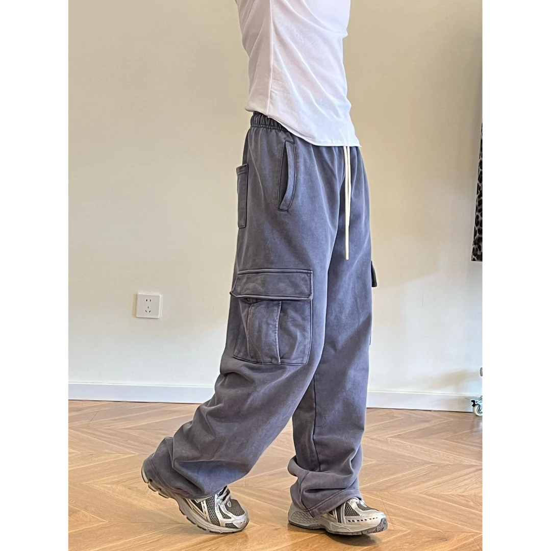 243081韩版宽松纯棉砂洗口袋卫裤工装裤（裤脚可调节）复古休闲裤