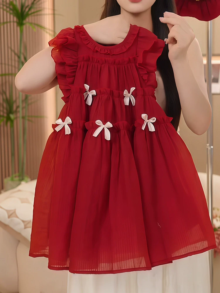 儿童夏季公主裙2025新款中大童连衣裙红色飞袖网红背心裙韩版夏款