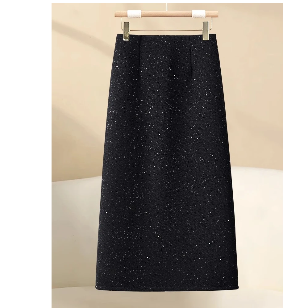 黑色闪闪半身裙女春秋款2025新款中长款a字镶钻直筒裙亮片包臀裙