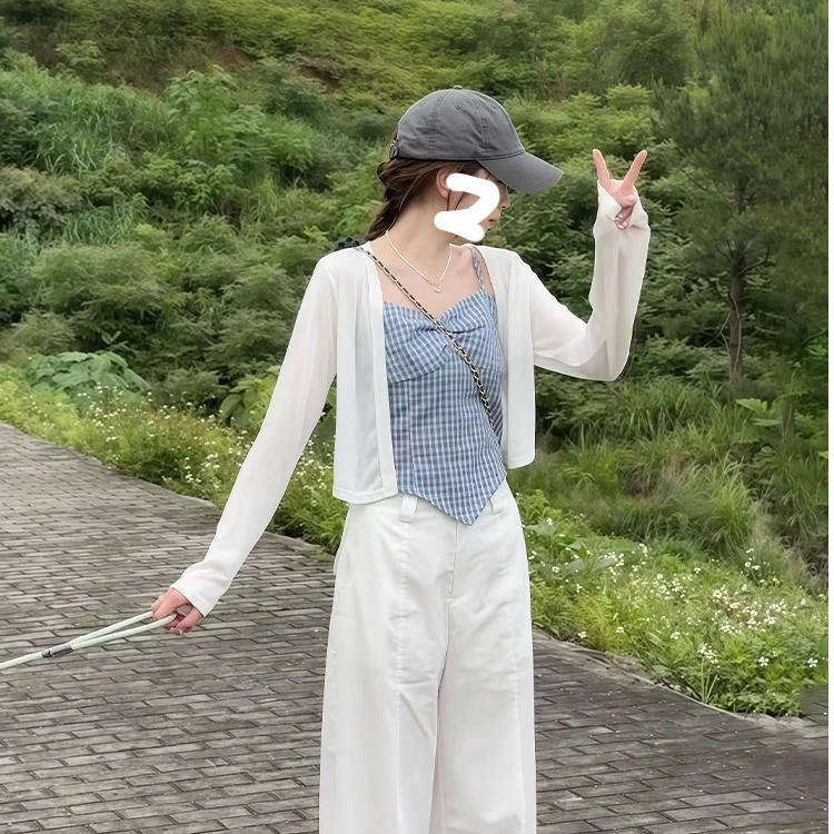 时尚气质吊带圆领长袖开衫套装2025夏季新款新款吊带格子两件套潮