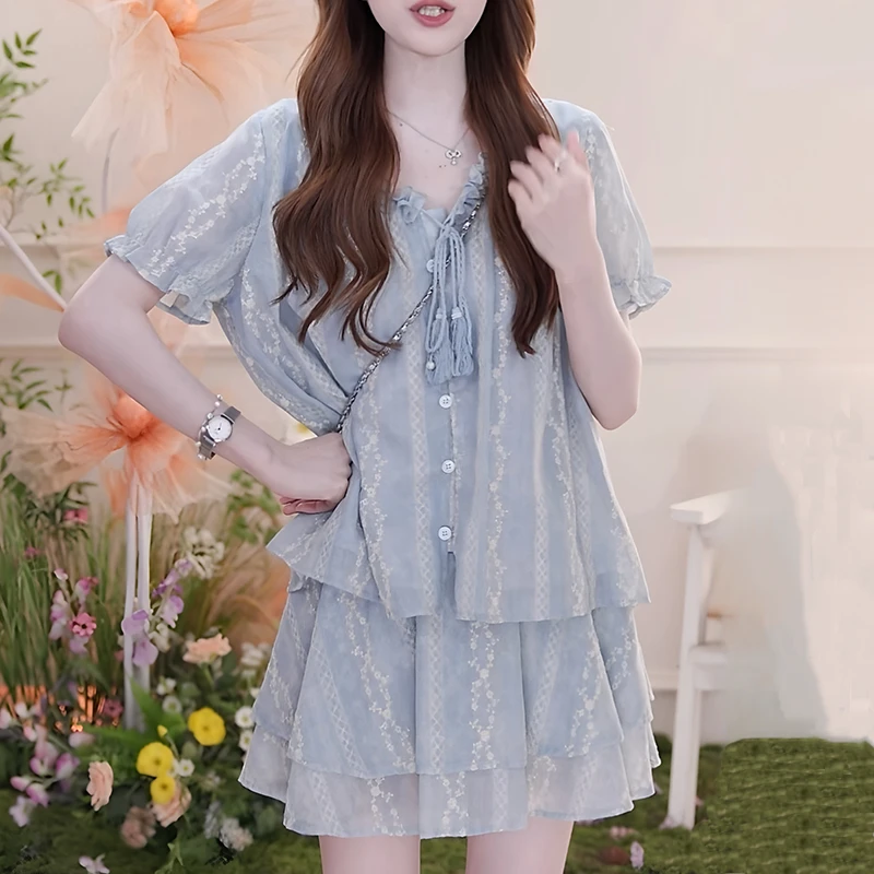 复古港风学院风套装夏季顺款泡泡袖V领上衣松紧腰半身裙两件套女