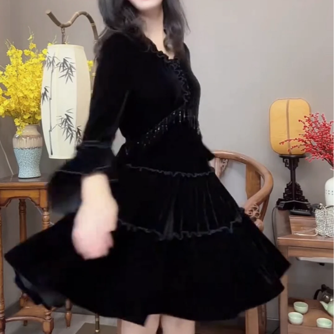 丝绒木耳边拼接中长款纯色黑色金丝绒连衣裙修身显瘦高级气质秋冬