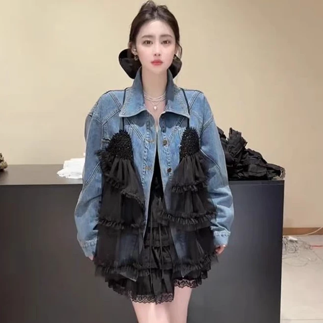 〖猫姐衣橱〗早春新款设计感牛仔拼蕾丝宽松外套1306