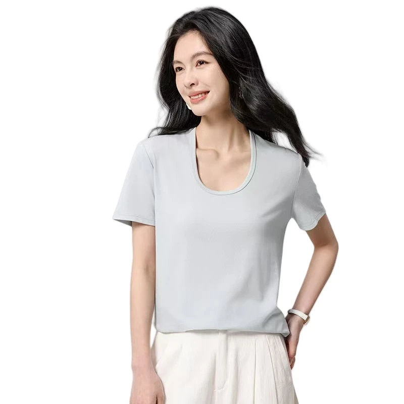 夏季时尚简约新款T恤u型领纯色百搭显瘦上衣欧若风洋气短款短袖衫