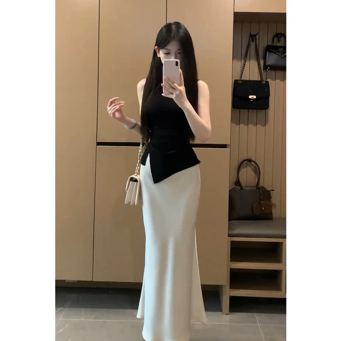 韩系套装轻熟气质黑色无袖上衣女夏季2025新款修身半身裙两件套