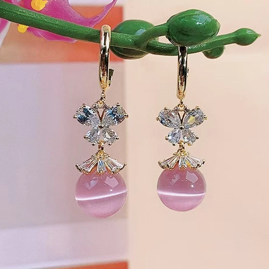 铜合金耳饰 （59号）轻奢925银C型蝴蝶粉色珠珠吊坠时尚百搭耳饰