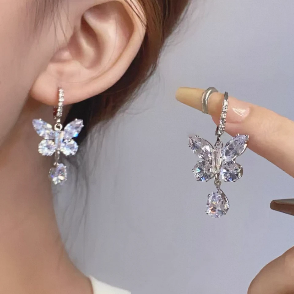 合金锆石耳饰 【HAO欢】1357合金冰蓝蝴蝶满锆耳扣耳环