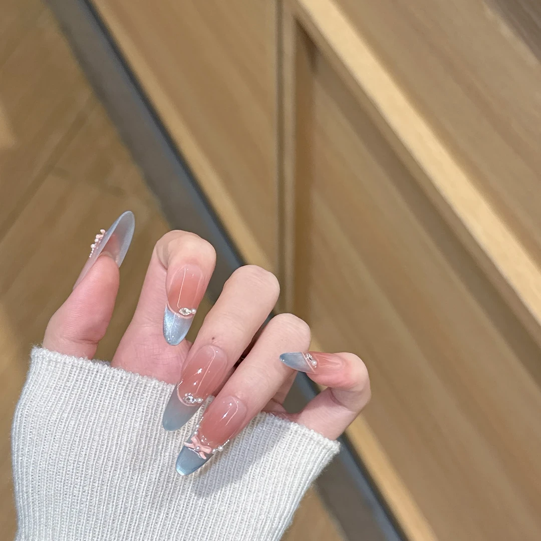 【蓝色精灵】纯手工穿戴甲片中长款夏日冰透猫眼美甲可拆卸指甲贴片