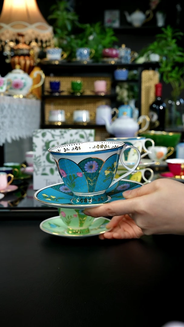 瑰宝大丽花（描金款）茶咖杯碟-蓝