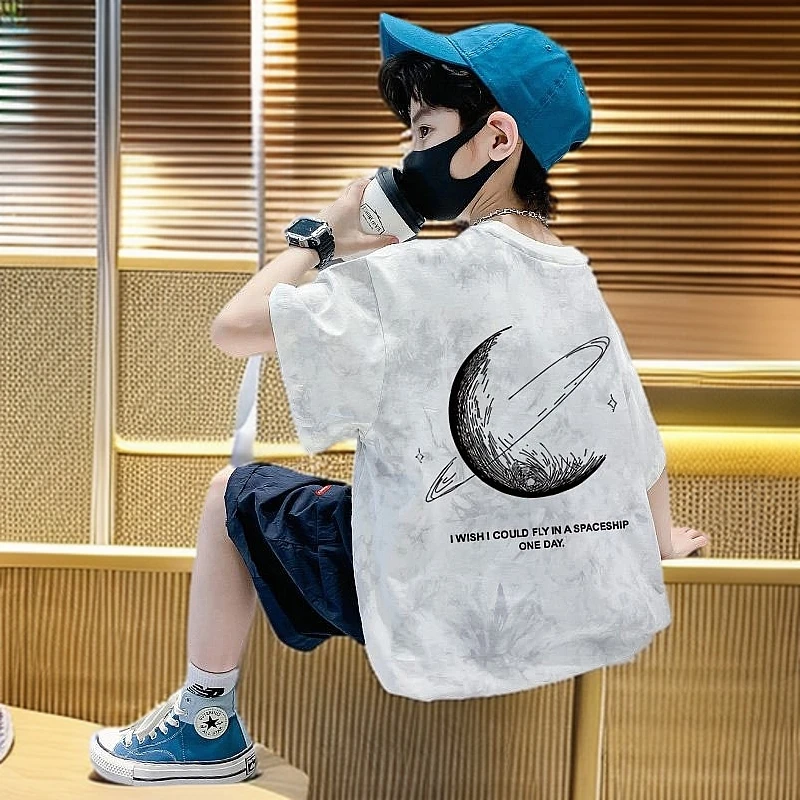 男童扎染纯棉短袖T恤2025新款体恤中大儿童夏季男孩半袖潮牌上衣